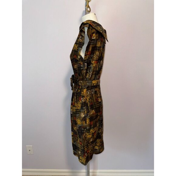 Vtg 60s Brown Orange Abstract Sheath Dress Bow Belted Secretary Womens Size S - Picture 4 of 6